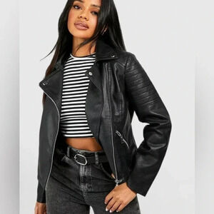 Boohoo Black Faux Leather Moto Jacket Size S